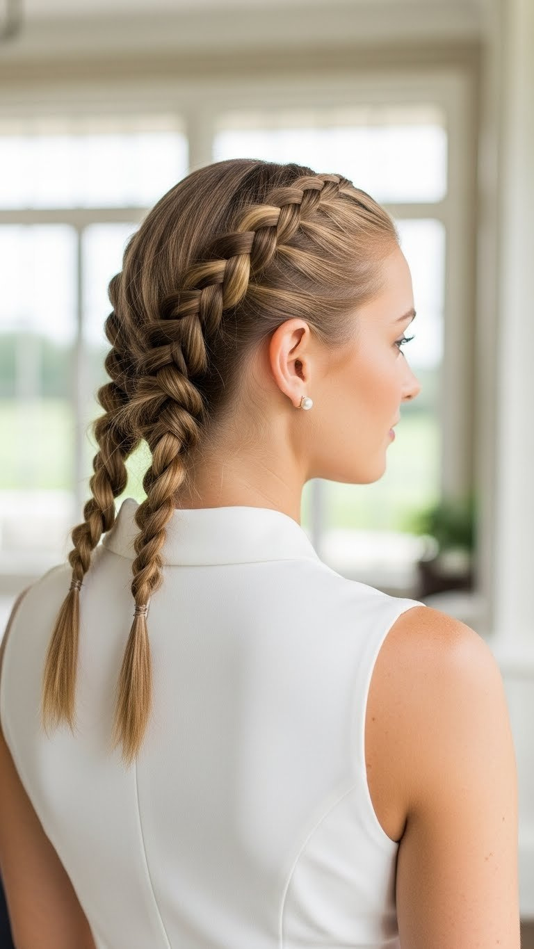 Elegant Half-Up French Braids Hairstyle Keeping Hair Out Of Face, Styled With White Golf Dress In Clubhouse Setting.