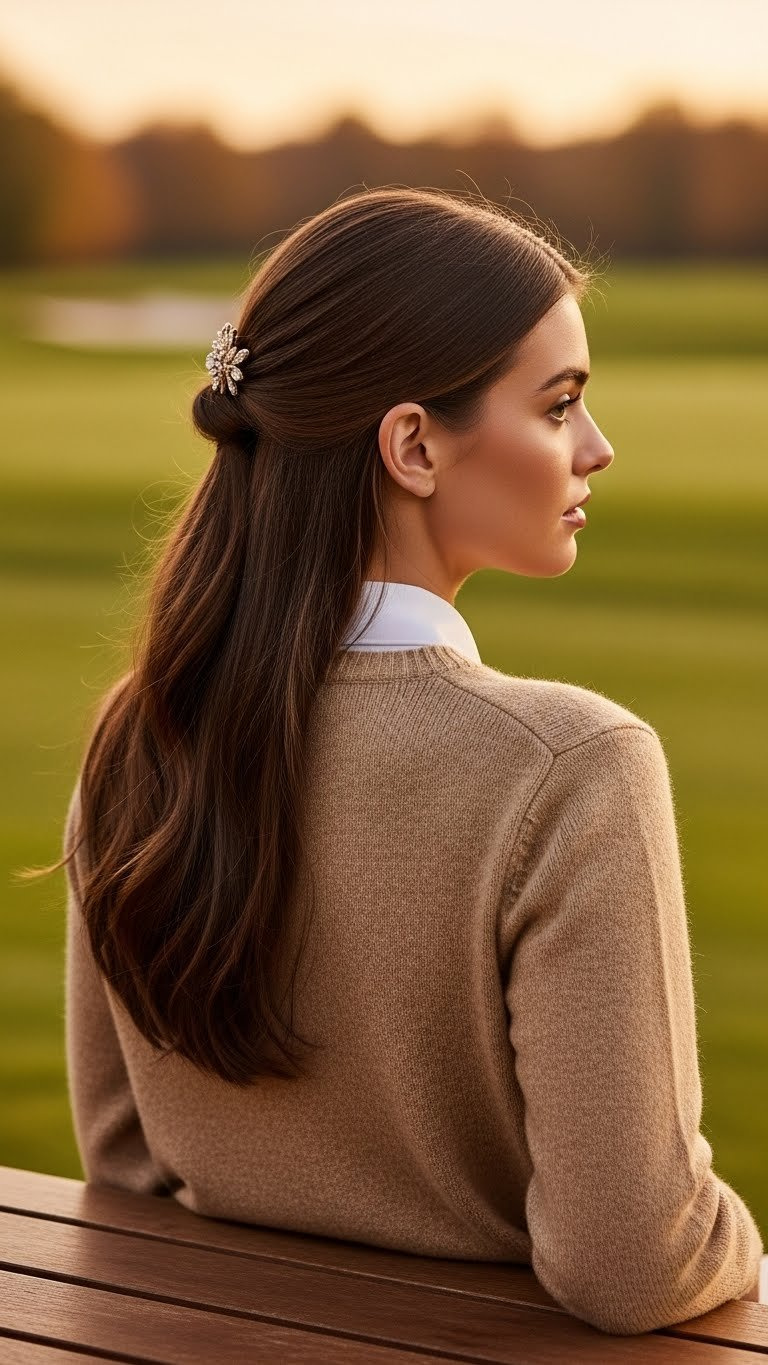 Elegant Half-Up Twisted Hairstyle With V-Neck Golf Sweater Against Autumnal Golf Course Landscape Backdrop