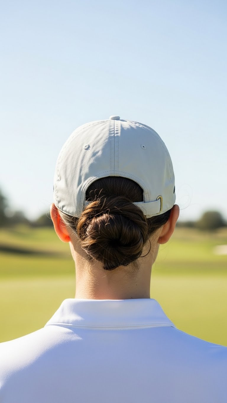 Elegant Low Bun Hairstyle Under A Stylish Golf Hat On A Woman With Defined Curly Hair In An Outdoor Golf Setting.