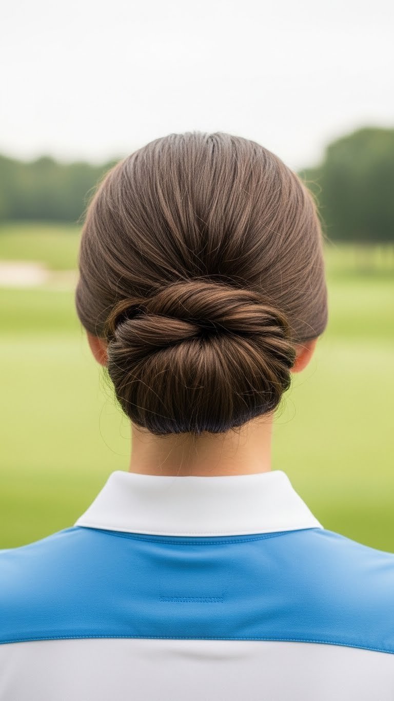 Elegant Low Twisted Bun Hairstyle On Medium Hair With A Subtle Pearl Pin, Ideal For A Sophisticated Formal Golf Event.