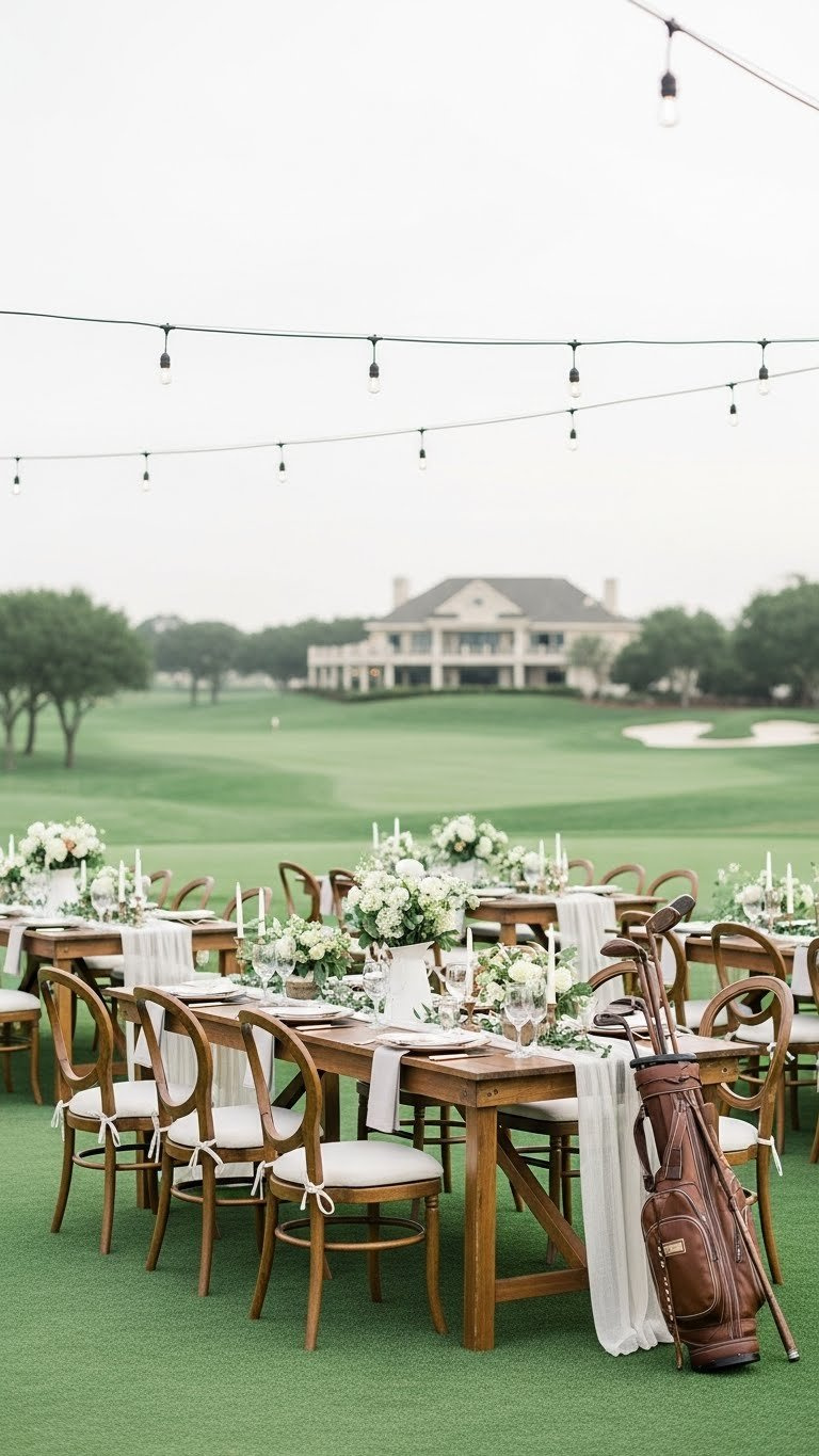 Elegant Outdoor Golf Club Venue With Modern Rustic Decor Featuring Long Wooden Tables, Linen Runners, And Antique Golf Accents Against Manicured Golf Course Backdrop