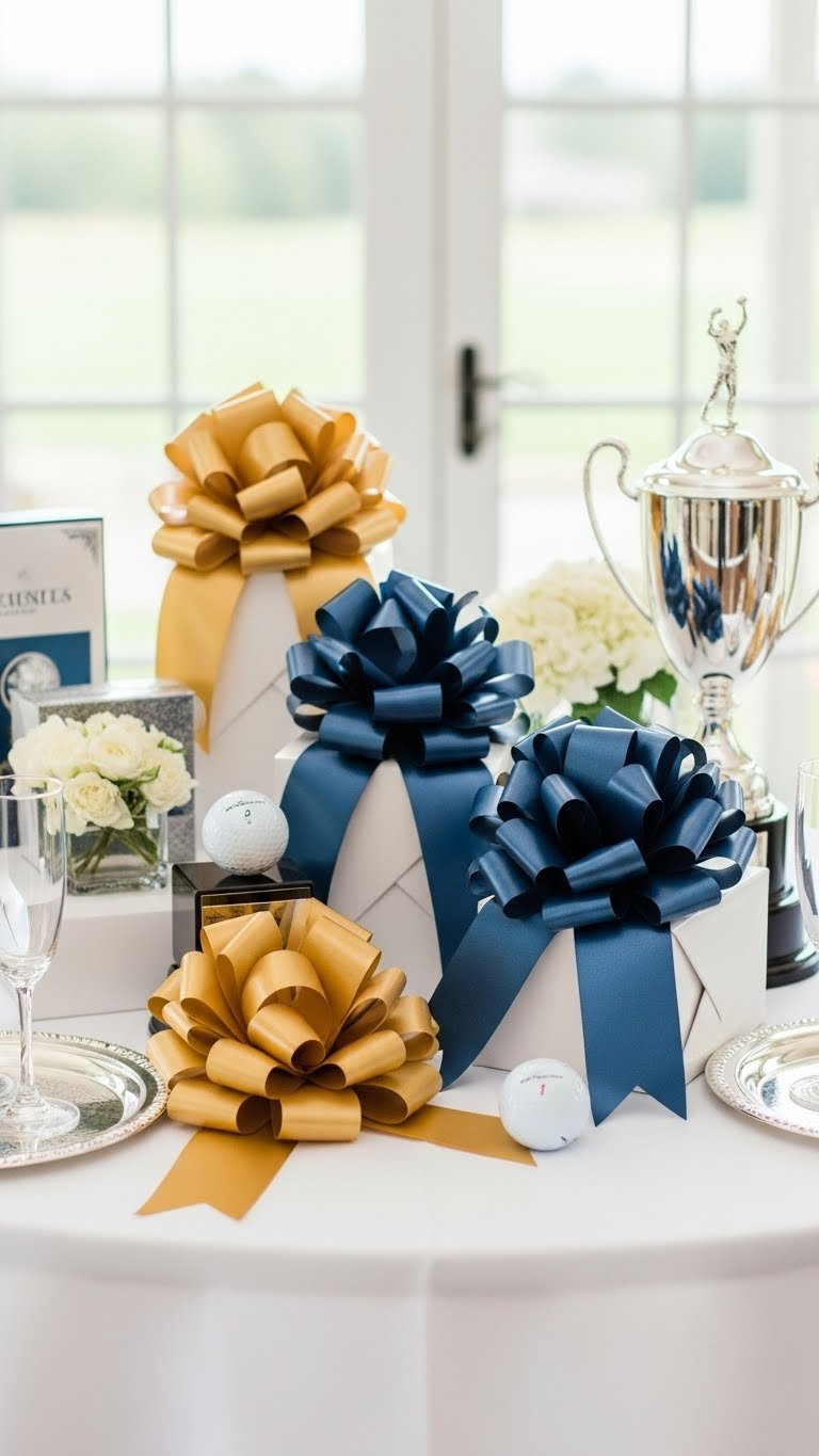 Elegant Pull Bows On Golf Tournament Prizes With Decorated Golf Balls On White Linen