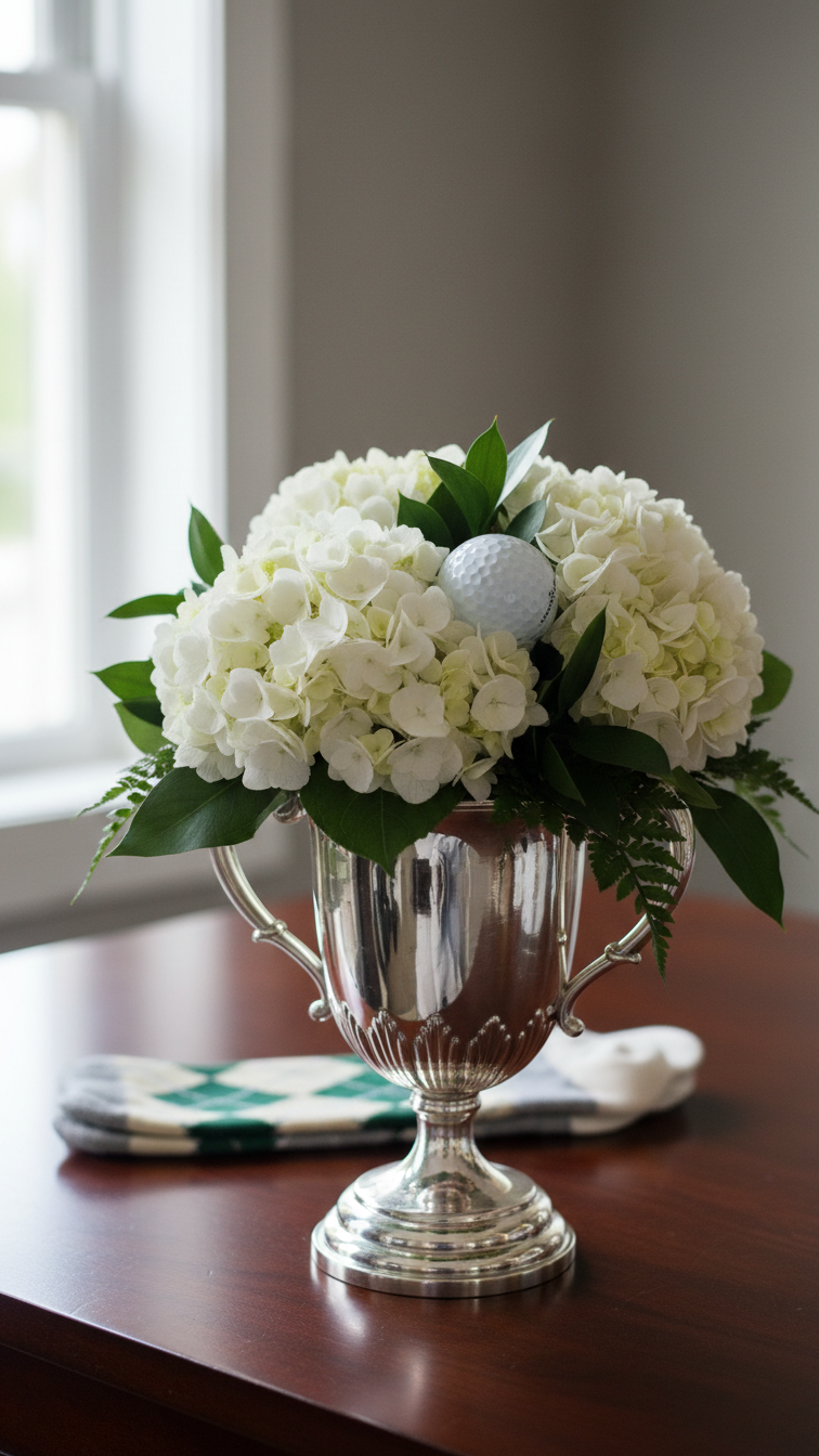 Elegant Silver Trophy Vase Centerpiece With White Hydrangeas And Golf Ball On Dark Mahogany Table
