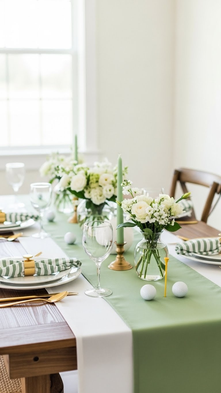 Elegant Sweet 16 Golf Party Table Decor With Sage Green Runners, White Tablecloths, And Gold Accents On Rustic Wooden Table
