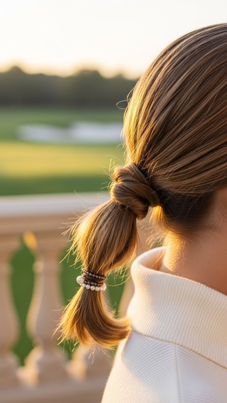 Elegant Twisted Half-Up Low Ponytail Hairstyle For Golfing Women With Warm Golden Hour Lighting On Country Club Patio Setting