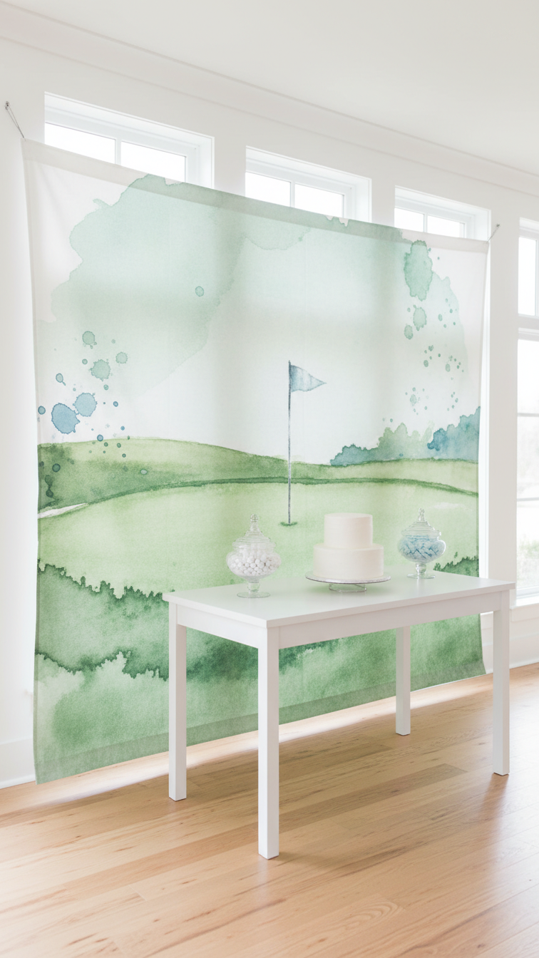 Elegant Watercolor Golf-Themed Fabric Backdrop Behind Dessert Table With Tiered Cake And Candy Jars