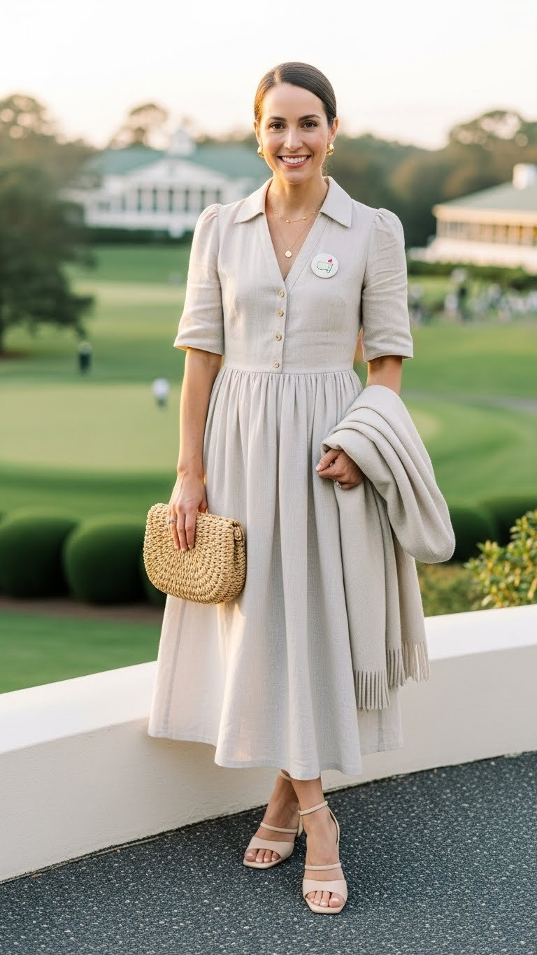 Elegant Woman In Linen Dress With Gold Jewelry At Augusta National During Golden Hour With Manicured Greenery Backdrop