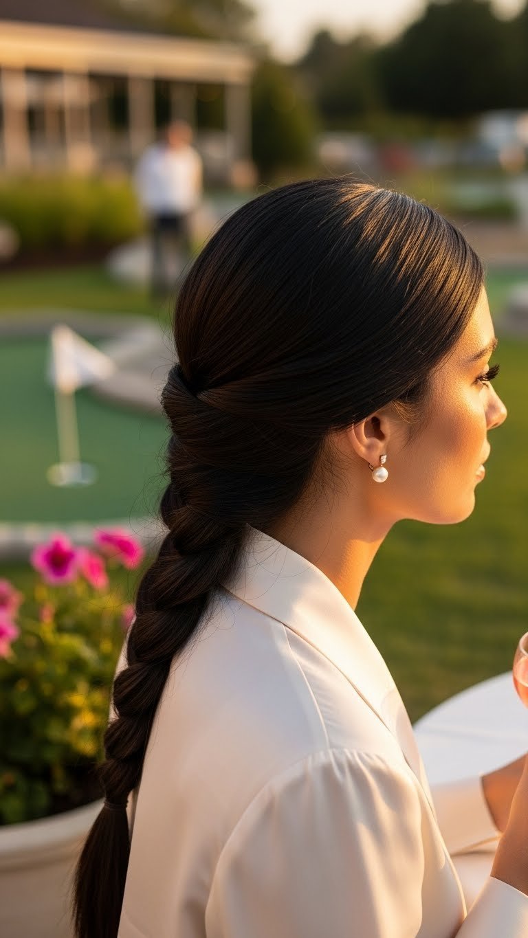Elegant Woman With Sleek Low Side Braid In Dark Hair For Sophisticated Mini Golf Date Night Setting