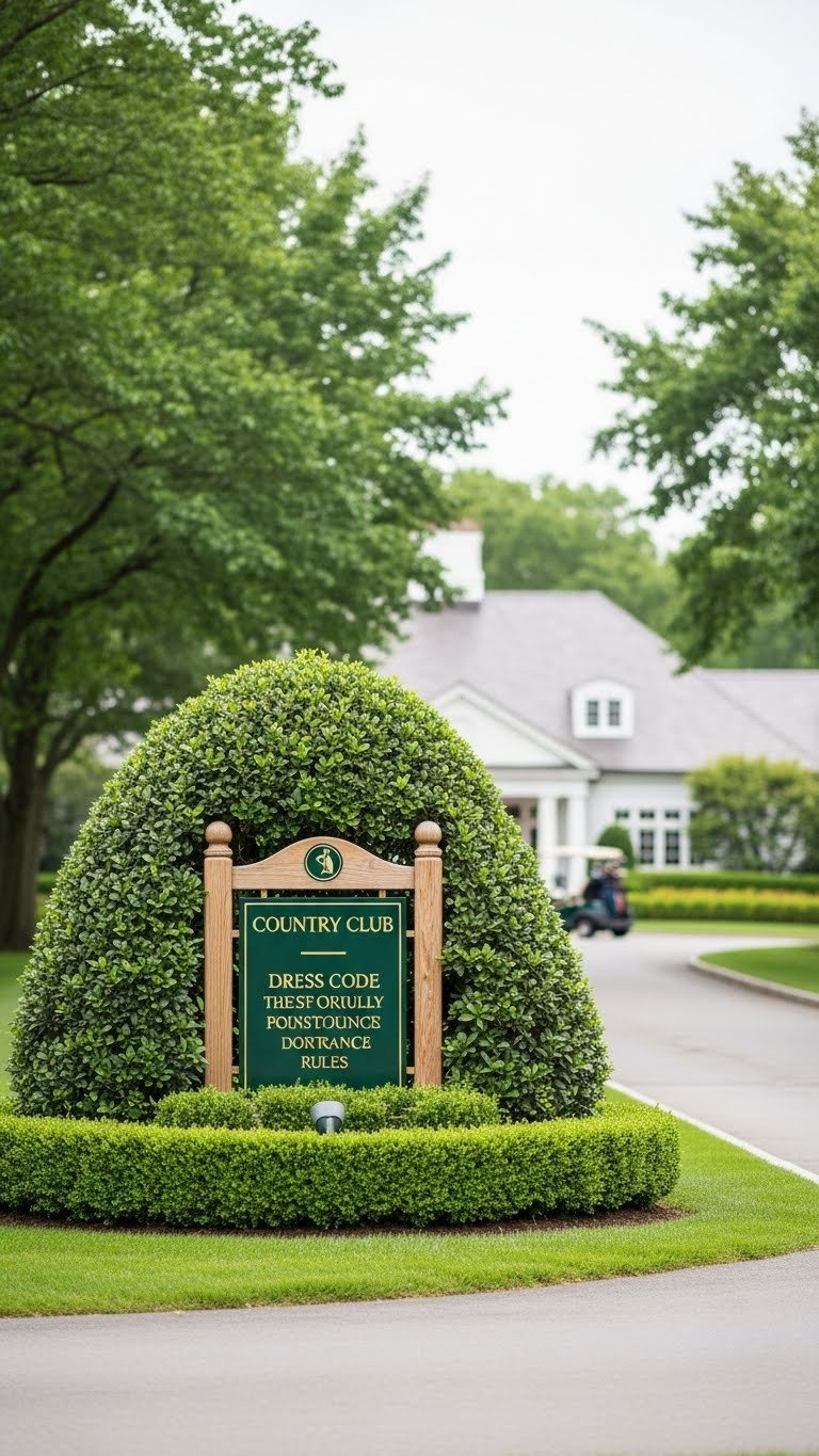 Elegant Wooden Country Club Entrance Sign Partially Obscured By Lush Green Foliage