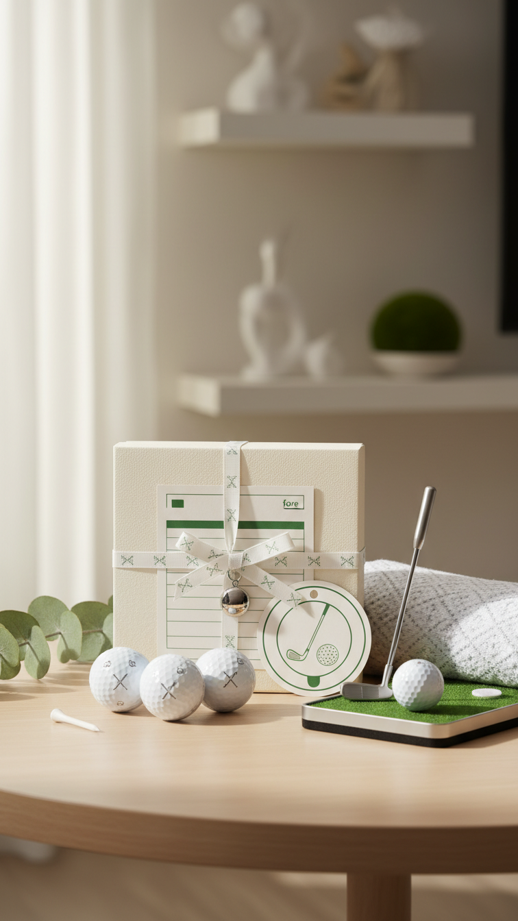 Elegantly Wrapped Golf-Themed Gift Box With Ribbon Resembling Golf Scorecard On Clean Minimalist Table