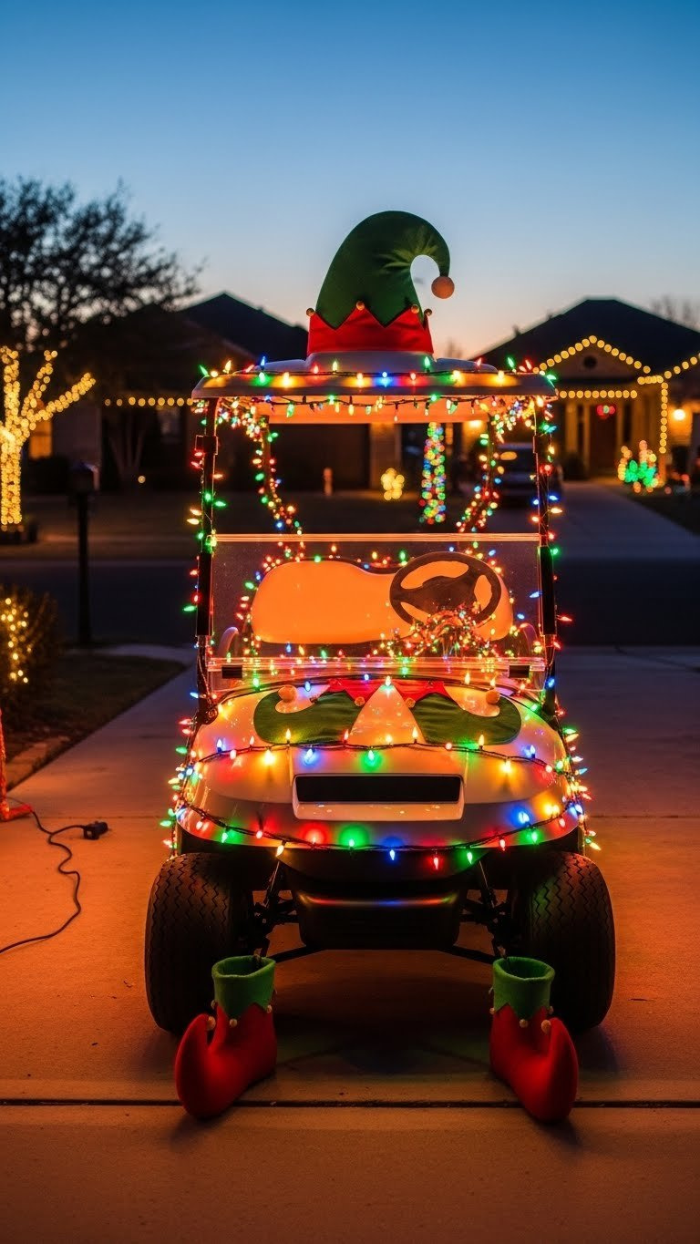 Elf Christmas Golf Cart Covered In Multi-Colored Led Lights Glowing Warmly At Dusk On Neighborhood Driveway