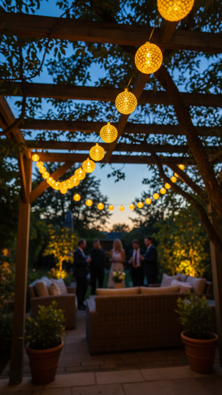 Enchanting Evening Party Scene With Glowing Golf Ball String Lights Creating Magical Atmosphere At Dusk