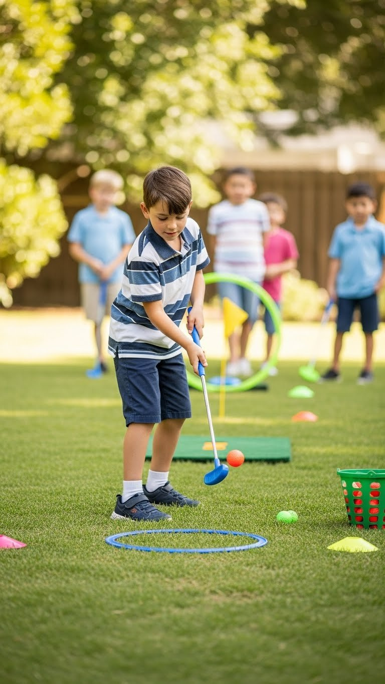 Excited Child Chipping Colorful Foam Golf Ball Toward Hula Hoop Target During Backyard Party