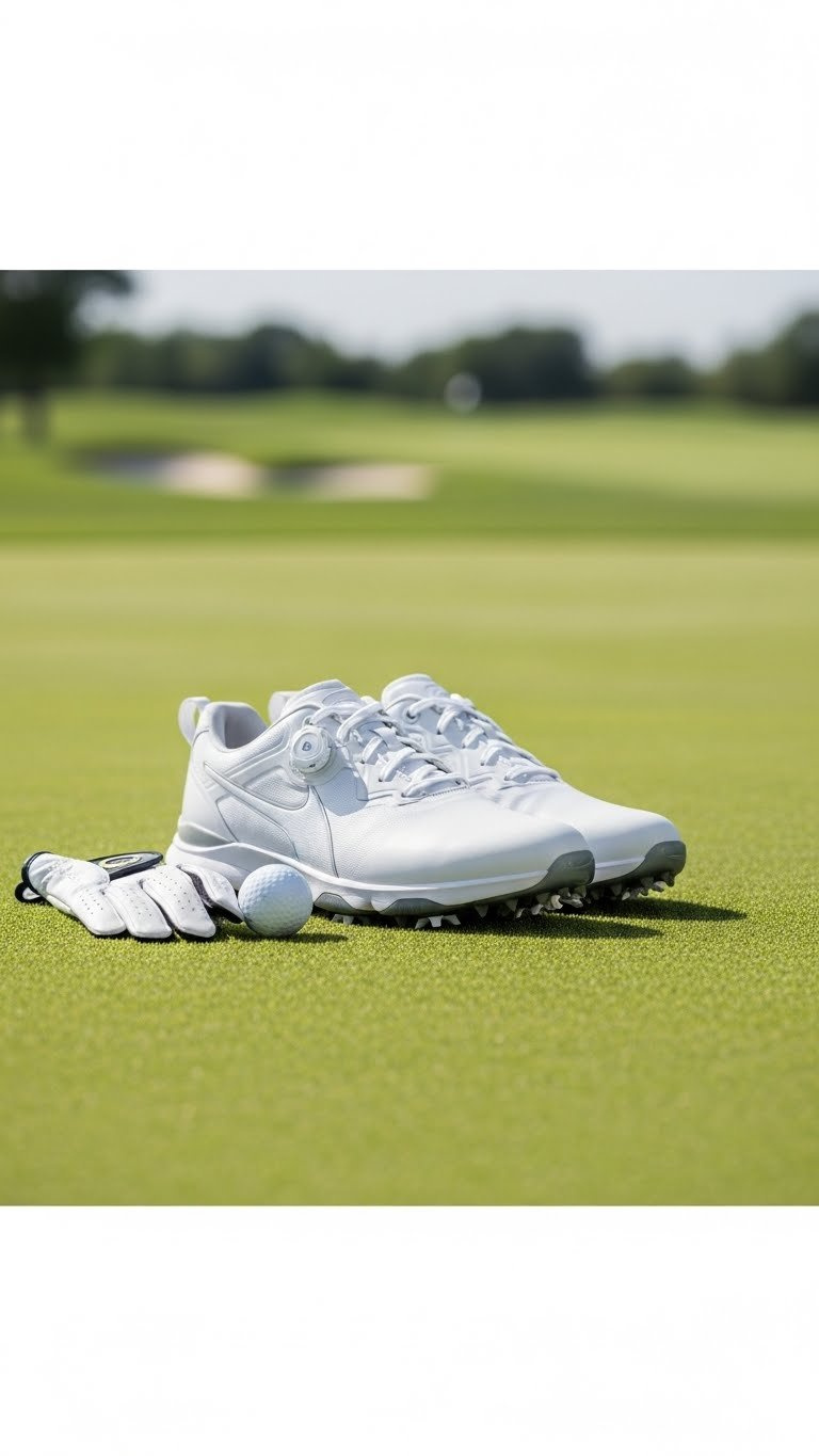 Eye-Level Close-Up Of Sleek White Spikeless Women'S Golf Shoes On Manicured Green Grass