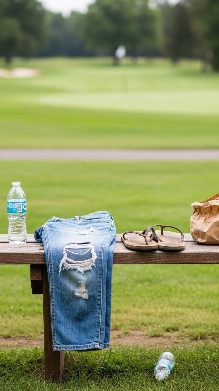 Faded Distressed Denim Jeans And Worn-Out Flip-Flops Tossed On Wooden Bench At Pristine Golf Course