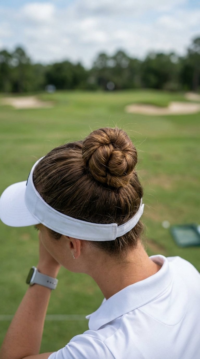 Fashion-Forward High Knotted Bun Hairstyle On Female Golfer With Unique Texture Under White Golf Cap