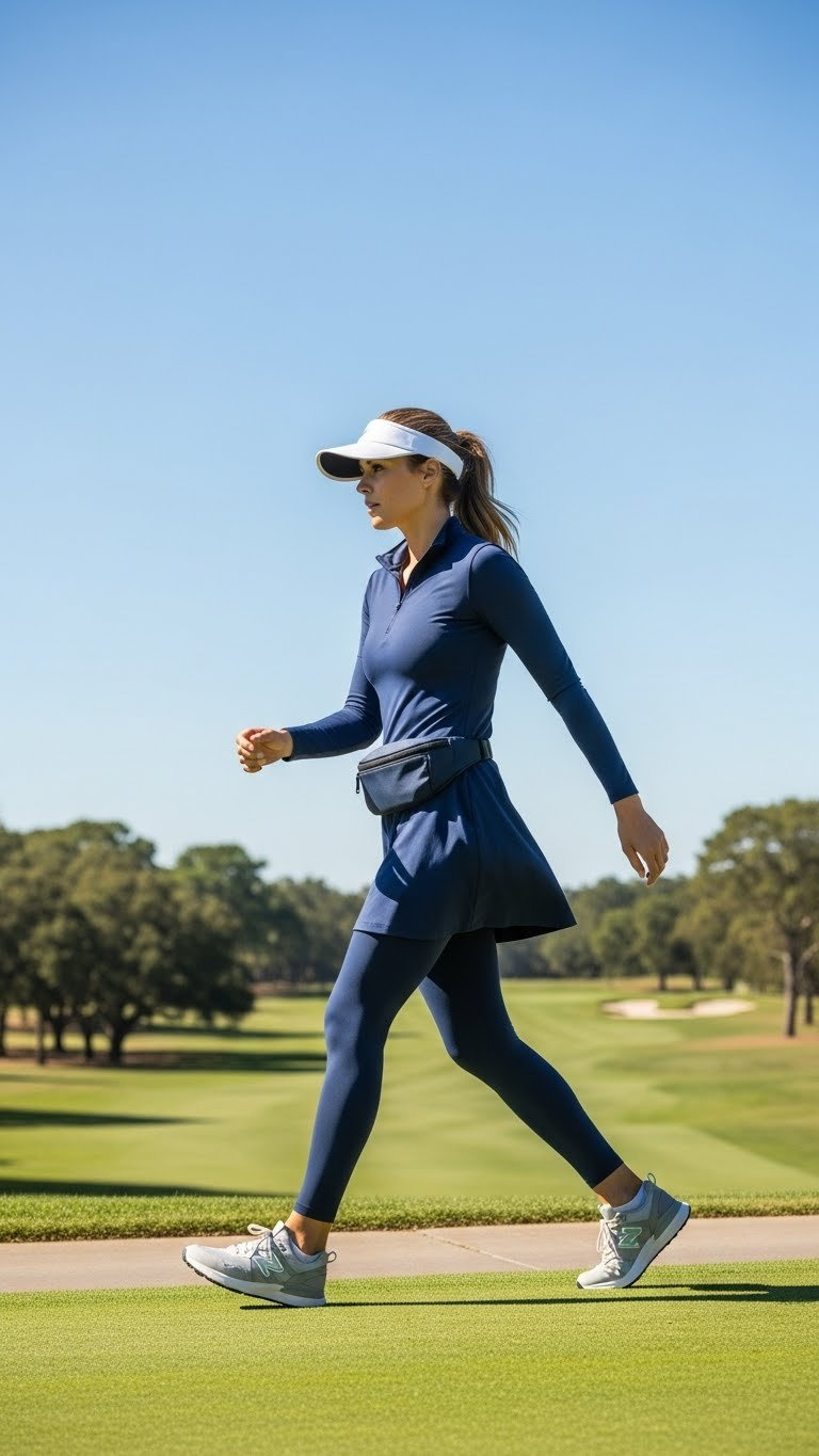 Female Golf Spectator In Athletic Dress Mid-Stride On Golf Course Path With Performance Visor And Belt Bag Accessories