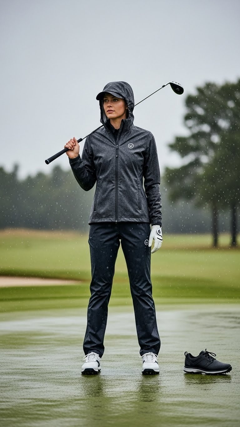 Female Golfer Braced Against Rain In Charcoal Waterproof Jacket And Trousers On Wet Fairway With Umbrella And Waterproof Gear.