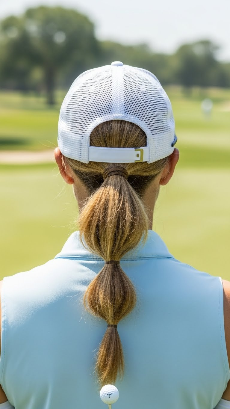 Female Golfer From Behind Wearing Breathable White Golf Hat With Volumized Low Ponytail Resting On Nape Of Neck On Sunny Golf Course