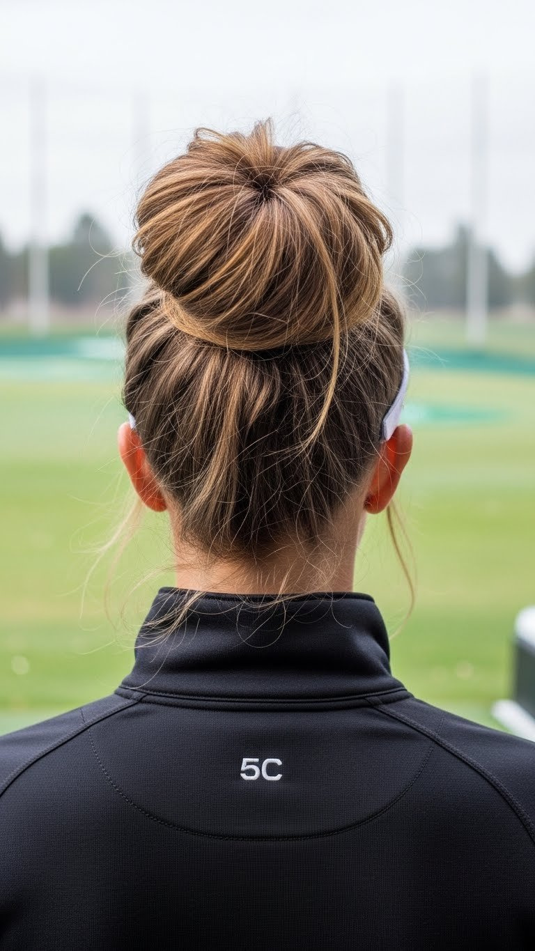 Female Golfer From Behind With Volumizing Messy Bun Hairstyle Using Hair Donut On Outdoor Golf Practice Area