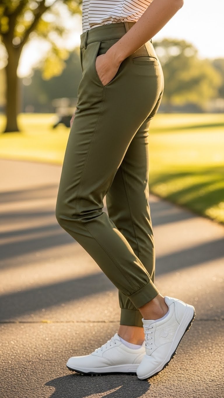 Female Golfer From Waist Down Showcasing Slim-Fit Tapered Women'S Golf Joggers With Cuffed Ankle On Golf Course Path