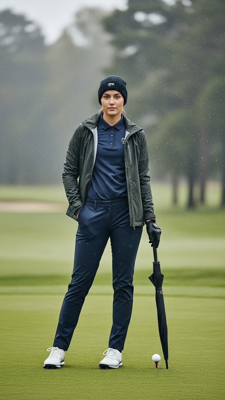 Female Golfer In All-Weather Adaptable Golf Outfit With Gore-Tex Jacket On Misty Golf Course