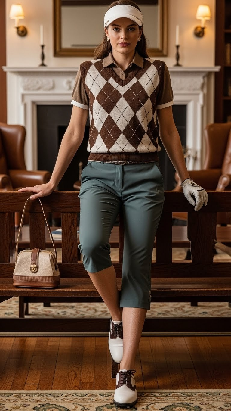Female Golfer In Vintage Inspired Argyle Sweater Vest And Capri Pants On Clubhouse Wooden Bench