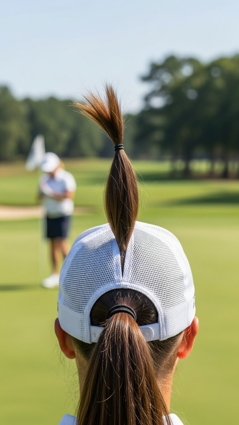Female Golfer Showcases A Sleek Brunette High Ponytail Perfectly Threaded Through A Light Grey Mesh Golf Ponytail Hat On A Sunny Course.