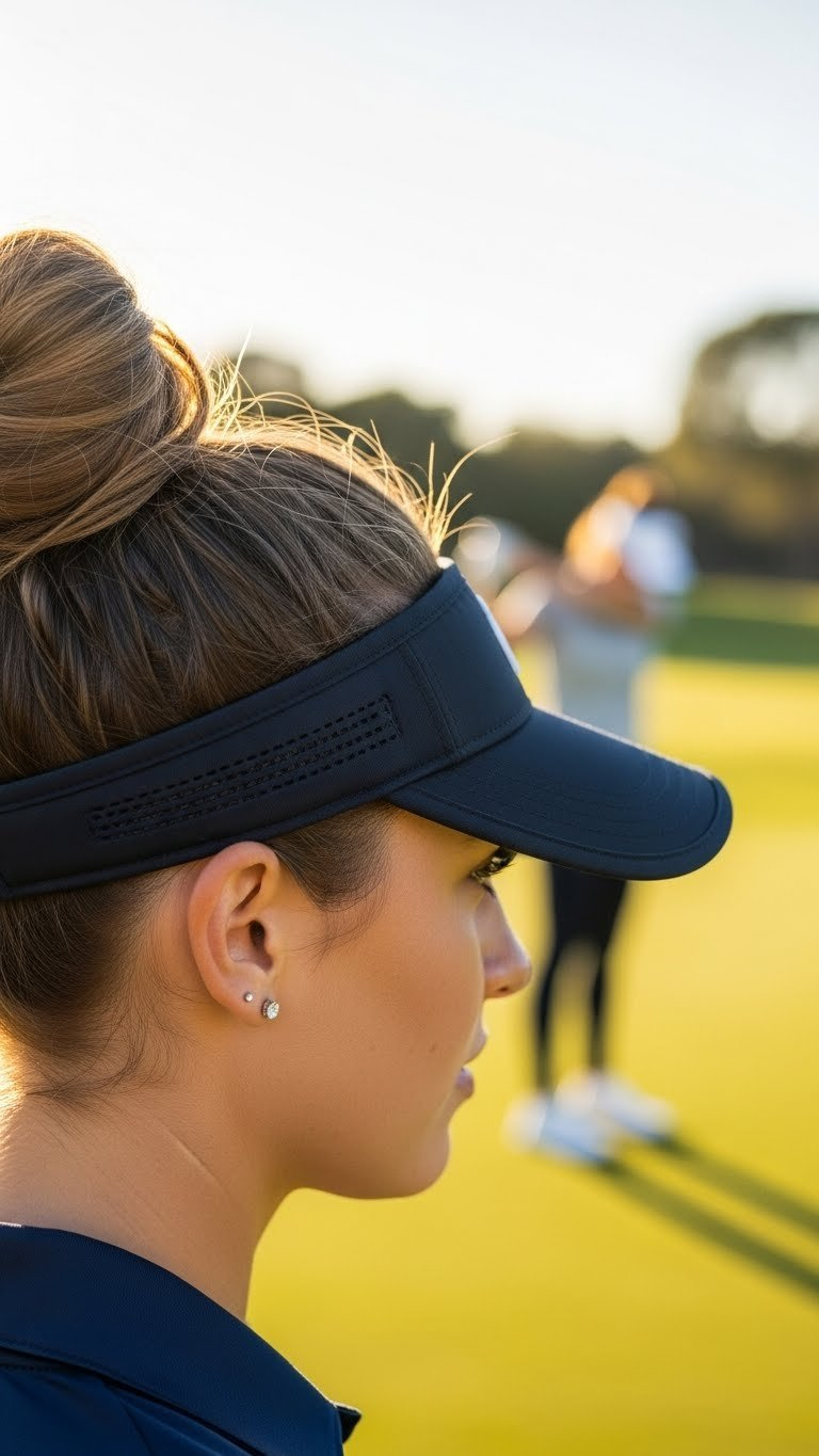 Female Golfer Sports A Chic Messy Bun Above A Sleek Dark Navy Golf Visor, With Light Brown Hair On A Warm Golden Hour Golf Course.
