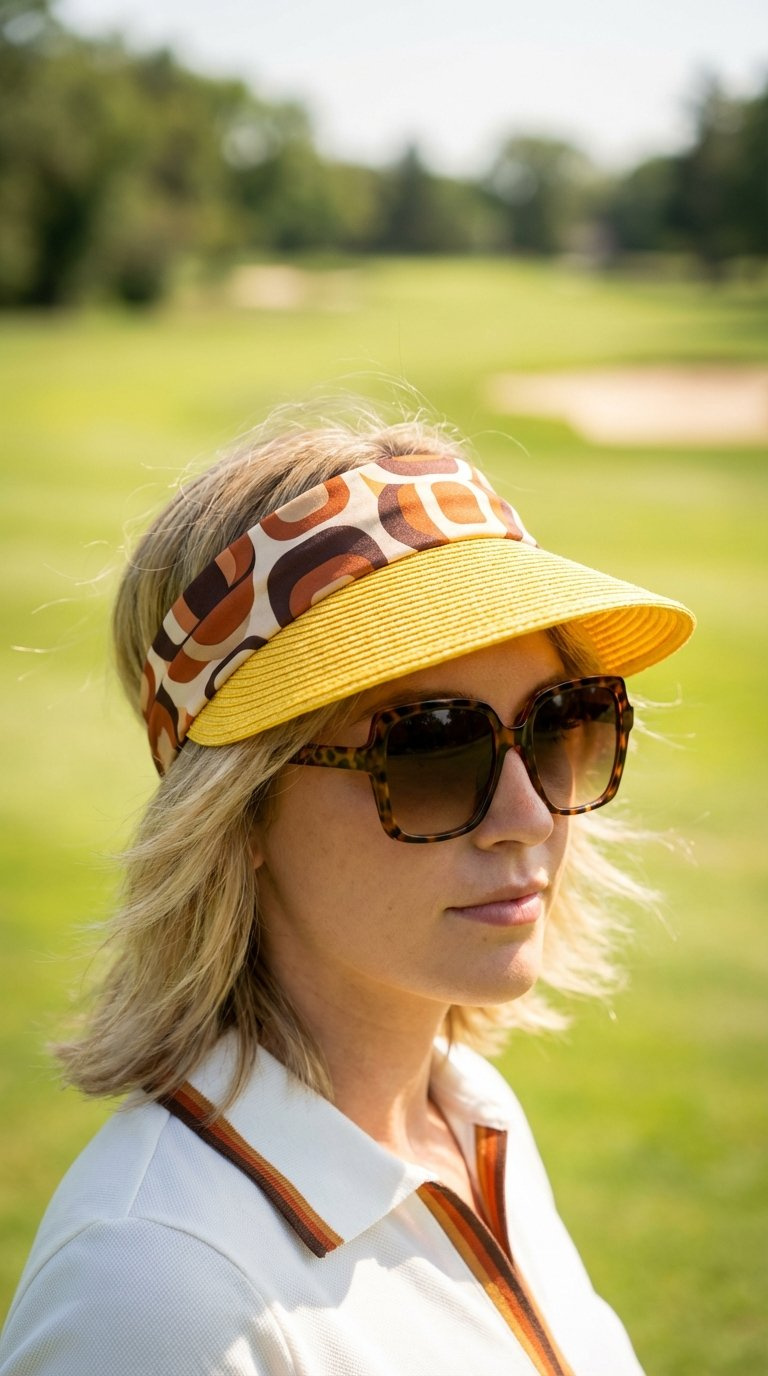 Female Golfer Wearing Bright Yellow Visor With Geometric Headband And Oversized Sunglasses Outdoors