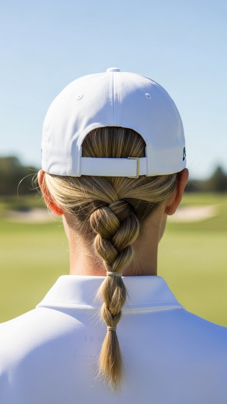 Female Golfer Wears A Classic White Golf Cap With A Sophisticated Dark Blonde Braided Low Ponytail Flowing Neatly On A Sunny Course.