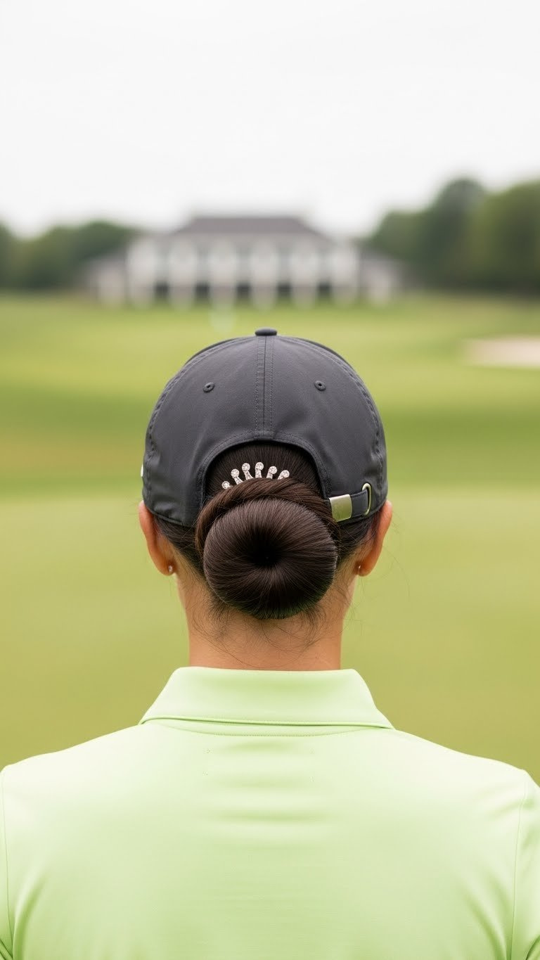Female Golfer Wears A Dark Golf Cap Over A Sleek, Polished Dark Brown Low Bun At The Nape Of Her Neck On A Sunny Golf Course.