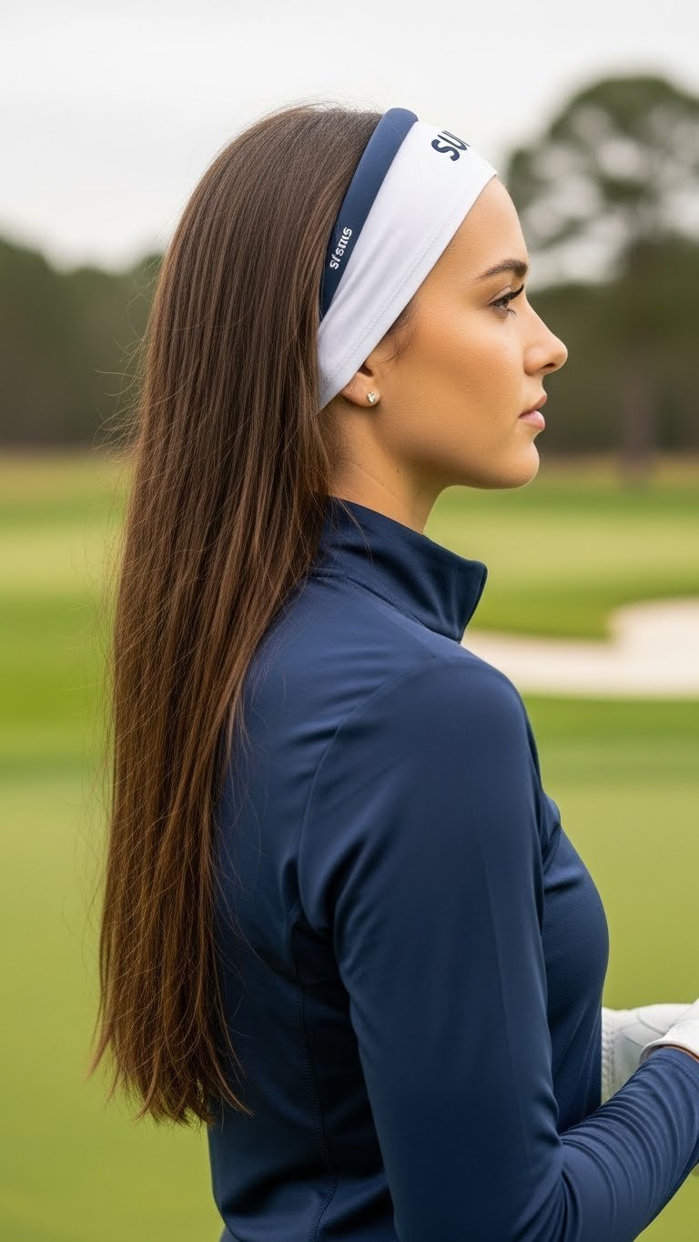 Female Golfer With Hair Down And Sides Secured By A Stylish Athletic Headband On A Bright Golf Course Practice Green.