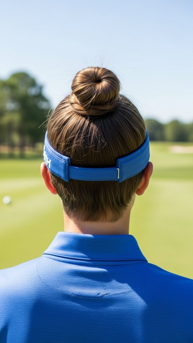 Female Golfer With Low Maintenance Short Hair Top Knot Style Visible Against Bright Sunlit Golf Fairway Backdrop