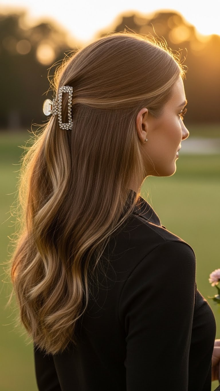 Female Golfer With Natural Relaxed Waves, One Side Secured By An Elegant Clip, Captured At Golden Hour On A Golf Course.