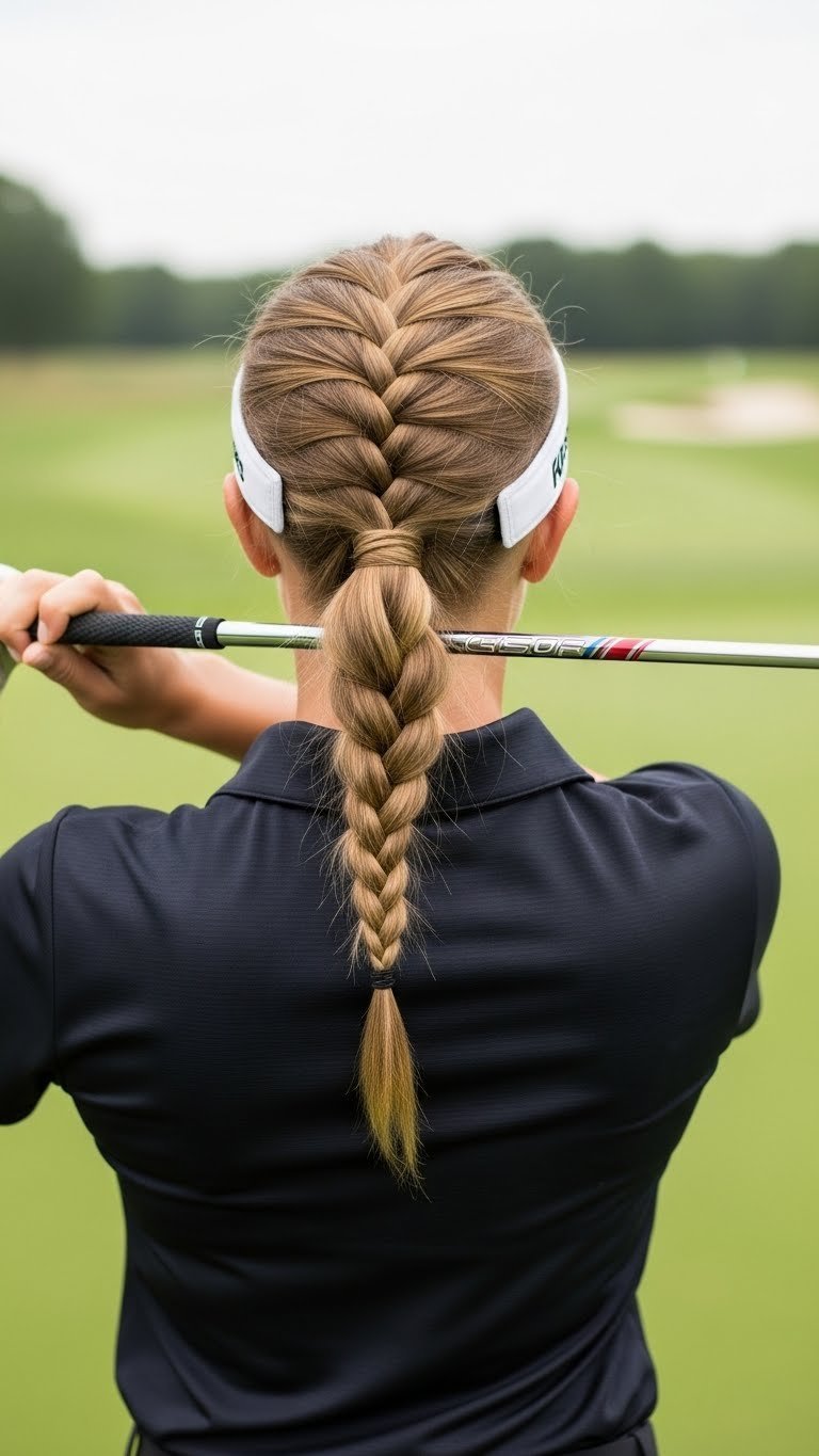 Golf Hairstyle Women No Hat: 7 Elegant &Amp; Secure Styles Female Golfer With Secure Braided Ponytail On Green Golf Course During Bright Daylight