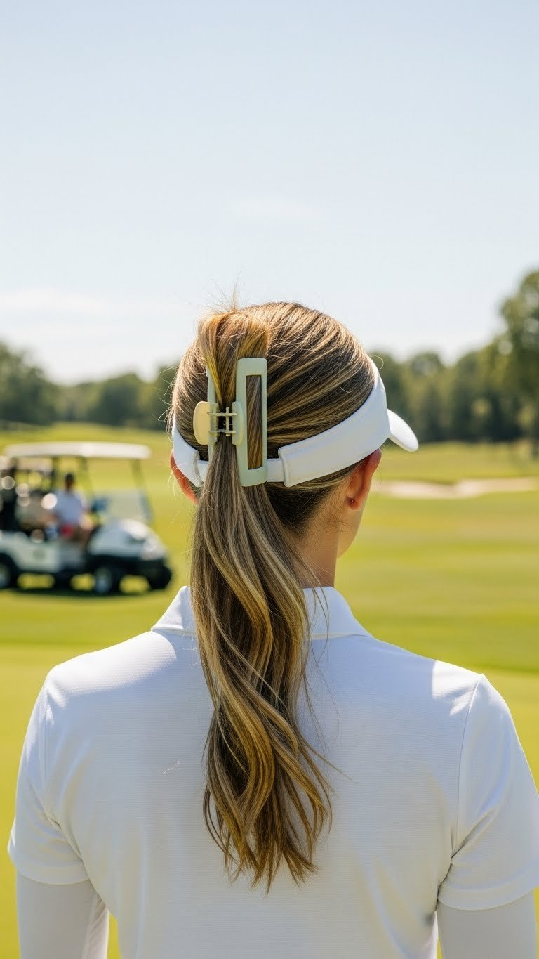 Female Golfer With Stylish Claw Clip Half-Up Hairstyle Showcasing Athletic Look Against Sunny Golf Course Background