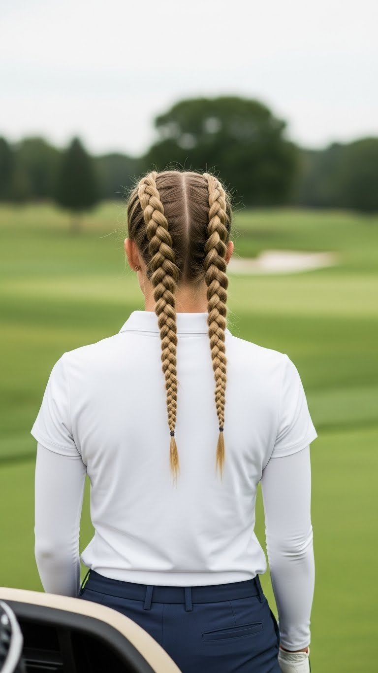 Golf Hairstyle Women No Hat: 7 Elegant &Amp; Secure Styles Female Golfer With Tight Dutch Braids Walking Golf Course Fairway On Overcast Day