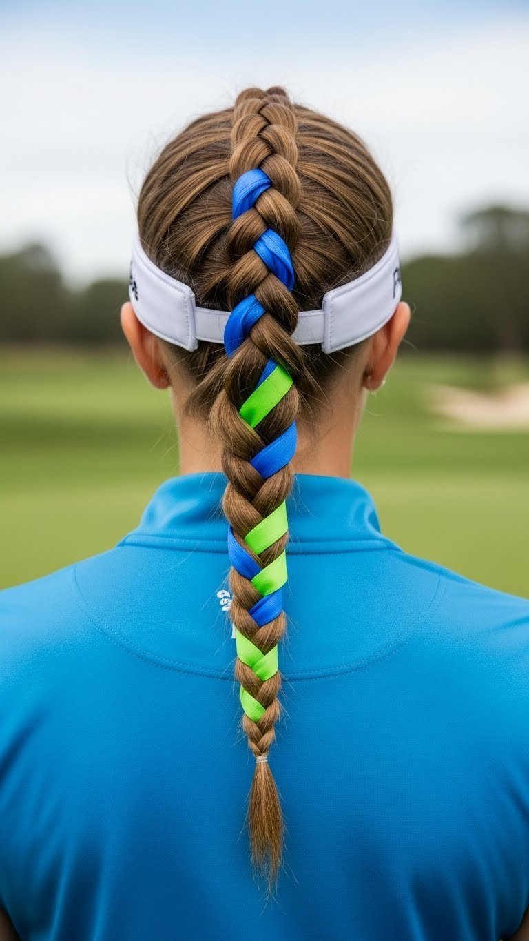 Female Golfer'S French Braid With Vibrant Grosgrain Ribbon Woven Throughout On Green Fairway