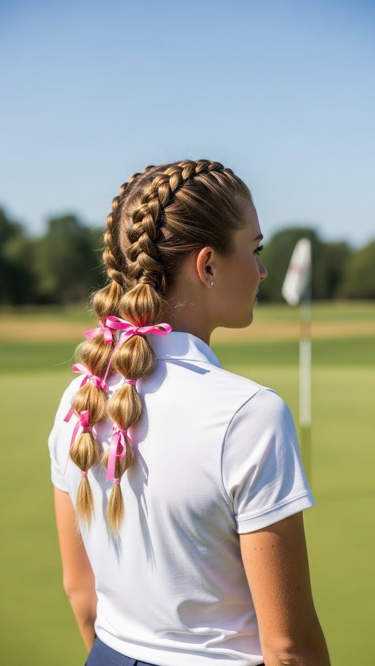 Female Golfer'S Double Bubble Braids With Coordinating Ribbons Tied At Each Bubble On Golf Course