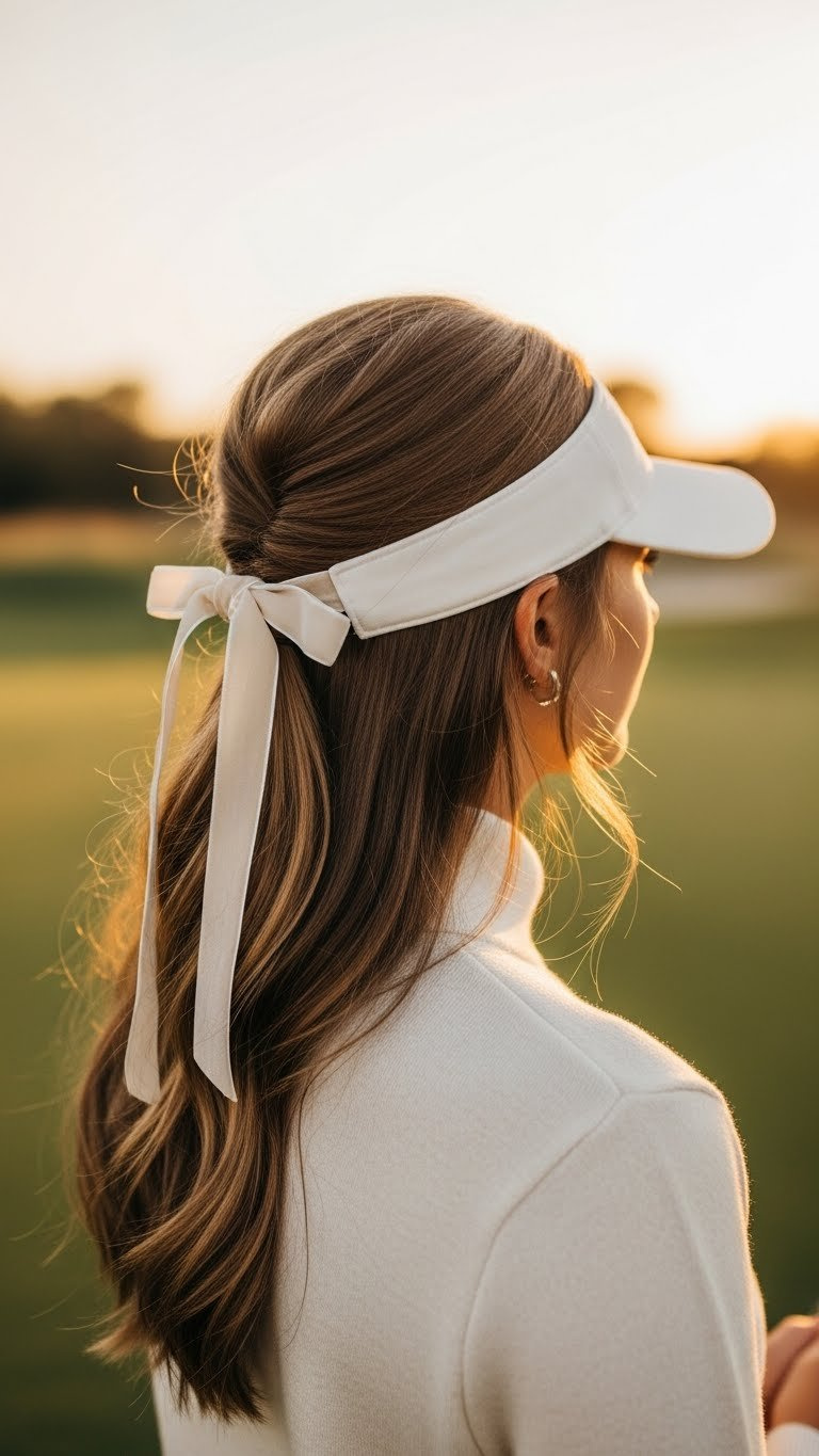 Female Golfer'S Romantic Half-Up Hairstyle With Cream Velvet Ribbon Bow During Golden Hour Sunset