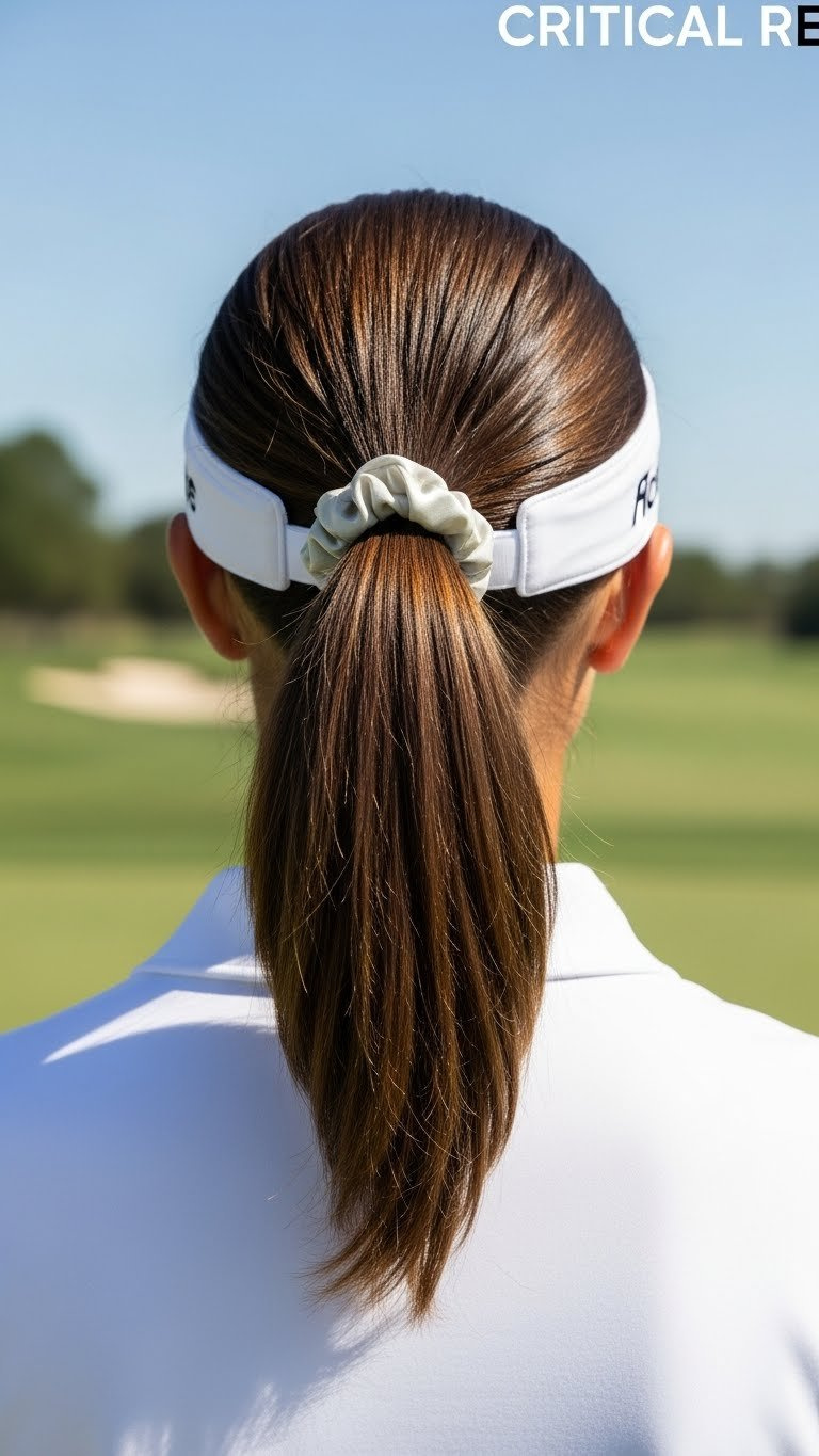 Golf Hairstyles Women: 9 Easy Pro-Approved Looks Female Golfer'S Sleek Low Ponytail Secured With Silk Scrunchie Against Blurred Golf Course Background