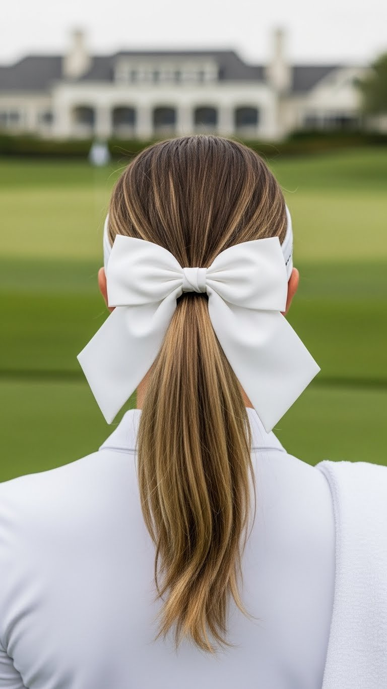Female Golfer'S Sleek Low Ponytail With Large White Satin Statement Bow At Luxury Golf Resort