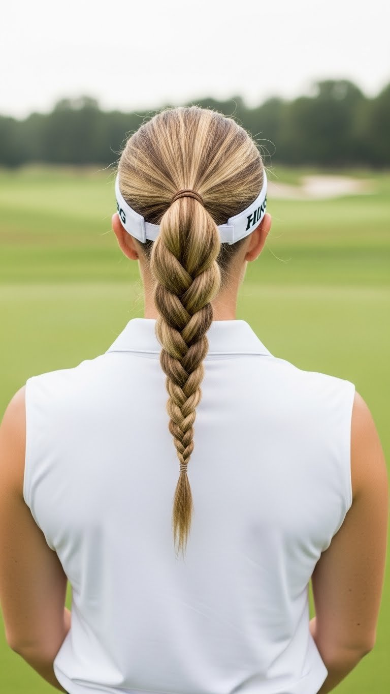 Female Golfer'S Tight Braided Ponytail Flowing Over Shoulder Against Blurred Green Fairways And Trees On Golf Course