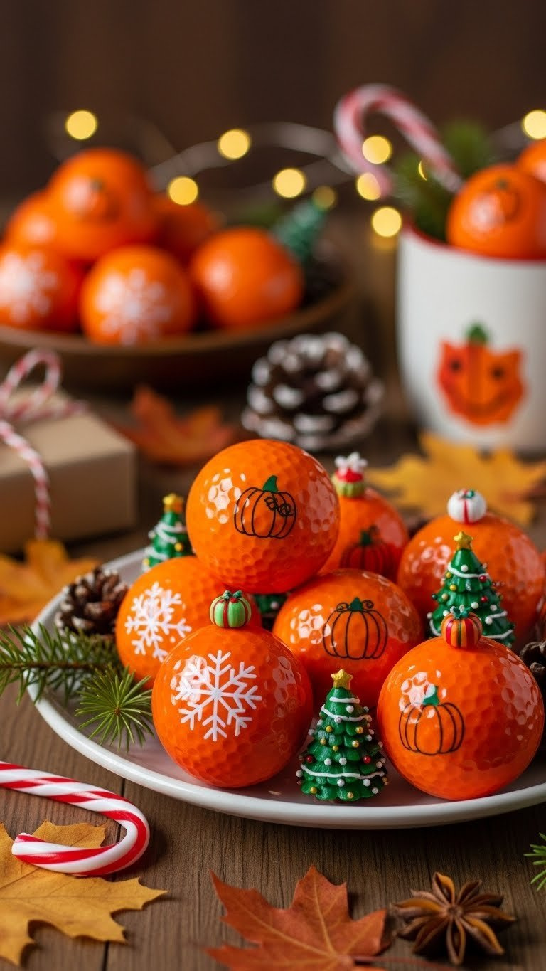 Festive Collection Of Bright Orange Golf Balls With Holiday Motifs Arranged On Rustic Wooden Table