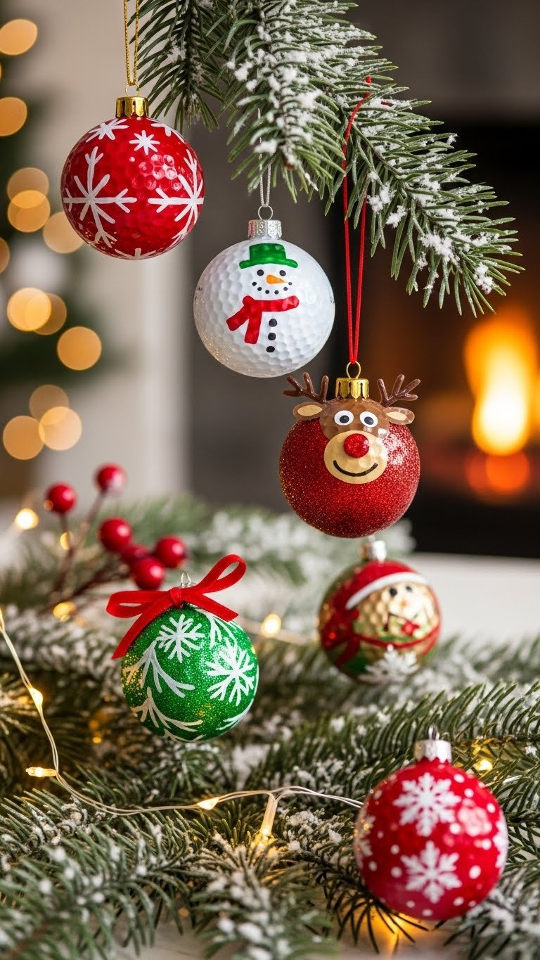 Festive Golf Ball Ornaments Painted As Christmas Decorations Hanging From Snow-Dusted Pine Branch
