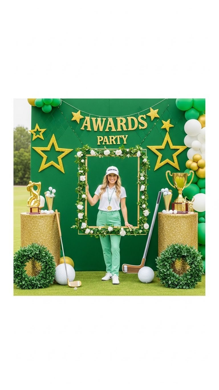 Festive Golf Party Awards Ceremony Photo Booth Backdrop With Green Argyle Pattern And Gold Star Decorations