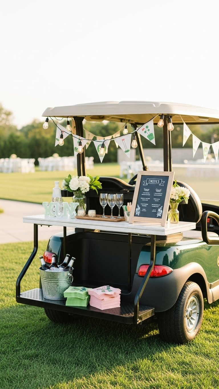 Festive Golf Party Beverage Cart Decorated With String Lights And Bunting Ready For Outdoor Event Serving