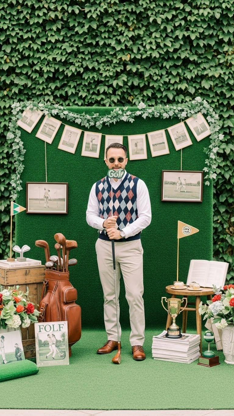 Festive Golf Photo Booth Setup With Green Turf Backdrop And Guests Posing With Vintage Golf Props
