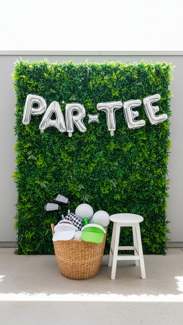 Festive Golf-Themed Photo Booth Setup With Green Grass Wall Backdrop, Par-Tee Balloons, And Prop Basket